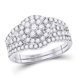 14kt White Gold Round Diamond Flower Cluster Bridal Wedding Engagement Ring Band Set 1.00 Cttw