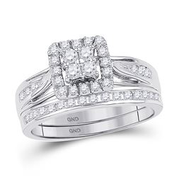 10kt White Gold Round Diamond Square Cluster Bridal Wedding Engagement Ring Band Set 1-1/2 Cttw