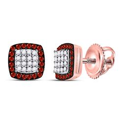 10kt Rose Gold Round Red Color Enhanced Diamond Square Cluster Screwback Earrings 1/5 Cttw