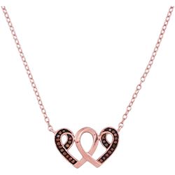 10kt Rose Gold Round Red Color Enhanced Diamond Heart Awareness Ribbon Pendant Necklace 1/10 Cttw