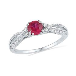 10kt White Gold Round Lab-Created Ruby Solitaire Diamond Split-shank Ring 7/8 Cttw
