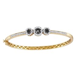 14kt Yellow Gold Round Black Color Enhanced Diamond Triple Cluster Bangle Bracelet 1.00 Cttw