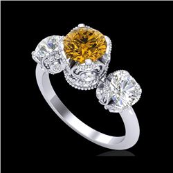 3 ctw Intense Yellow Diamond Art Deco 3 Stone Ring 18K White Gold