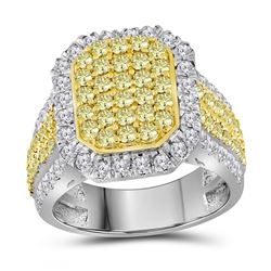 14kt White Gold Round Canary Yellow Diamond Rectangle Cluster Ring 2-1/3 Cttw