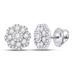 14kt White Gold Round Diamond Flower Cluster Earrings 1.00 Cttw
