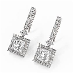 4.3 ctw Princess Cut Diamond Designer Earrings 18K White Gold