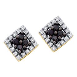 14kt Yellow Gold Round Black Color Enhanced Diamond Square Cluster Earrings 1/4 Cttw