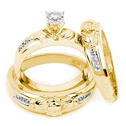 10k Yellow Gold Diamond Matching Claddagh Mens His & Hers Trio Wedding Ring Set 1/8 Cttw