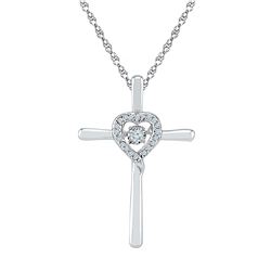 10kt White Gold Round Diamond Solitaire Cross Heart Religious Pendant 1/10 Cttw