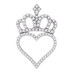 10kt White Gold Round Diamond Crown Heart Pendant 1/3 Cttw