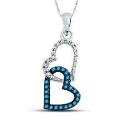 10kt White Gold Round Blue Color Enhanced Diamond Double Heart Dangle Pendant 1/6 Cttw