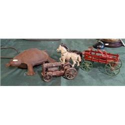 CAST IRON TOY TRACTOR, FARM WAGON AND T
