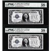 Image 1 : Lot of (2) 1928B $1 Silver Certificate Notes Fr.1602 PMG About Uncirculated 58EPQ