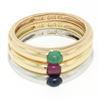 Image 2 : 14K Tri Color Gold 3 Stackable Tension Set Emerald Sapphire Ruby Solitaire Rings