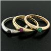 Image 4 : 14K Tri Color Gold 3 Stackable Tension Set Emerald Sapphire Ruby Solitaire Rings