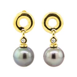 0.08 ctw Diamond and Black Tahitian Pearl Earrings - 18KT Yellow Gold