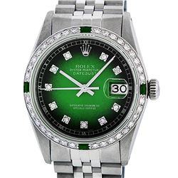 Rolex Mens Stainless Steel Green Vignette Diamond & Emerald Datejust Wristwatch