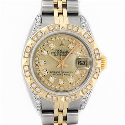 Rolex Ladies 2 Tone 14K Champagne Diamond Lugs & Pyramid Datejust Wriswatch