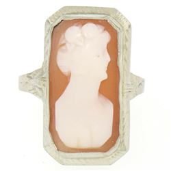 Antique 14kt White Gold Bezel Set Rectangular Carved Shell Cameo Ring