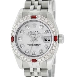 Rolex Ladies Stainless Steel Quickset Mother Of Pearl Diamond & Ruby Datejust Wr