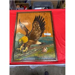 Nicely Framed Vintage Wooden Art Piece Native with an Eagle and 2 Teepees 18  x 24  Nicely Done