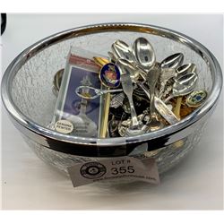 A Nice Glass Bowl with Silver Rim Filled with Collectible Spoons