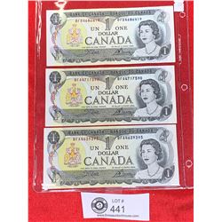 Lot of 3 1973 Bank of Canada $1 Bank Notes in a Sheet Protector