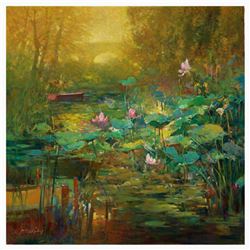 Ming Feng, "Golden Lily Pads" Limited Edition on Canvas, Numbered and Hand Signed with Letter of Aut