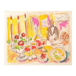 Wayne Ensrud "Lunch at Troisgros (3-Star French Restaurant)" Mixed Media Original Artwork; Hand Sign