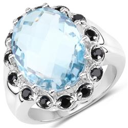 12.49 Carat Genuine Blue Topaz & Black Spinel .925 Sterling Silver Ring (size 8)