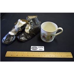 Antique Pr of Child's Shoes and Coronation Mug