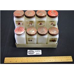 Vintage Milk Glass Spice Set with Red Metal Stand