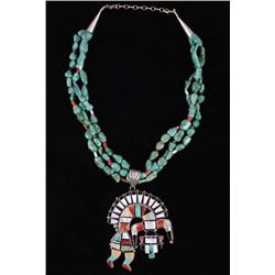 Navajo Inlaid Rainbow Yei Silver Pendant Necklace