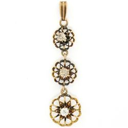 Antique 10K Yellow Gold .30 ctw 3 Old Mine Cut Diamond Open Flower Dangle Pendan