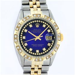 Rolex Mens 2 Tone 14K Blue Vignette String Pyramid Diamond Datejust Wristwatch