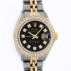 Rolex Ladies 2 Tone 14K Black Diamond Bezel & 1 ctw Bezel Datejust