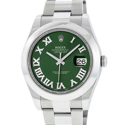 Rolex Mens SS 41MM Green Roman Diamond Datejust 2 Oyster Band Wristwatch With Bo