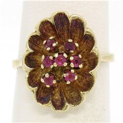 Vintage 14k Yellow Gold 0.25 ctw Round Ruby Cluster Brushed Texture Flower Ring