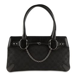 Gucci Horsebit Chain Shoulder Bag Black Gg Canvas Tote