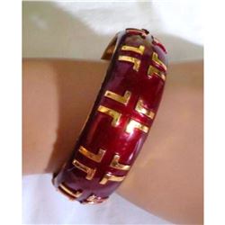 Authentic Vintage Designer LANVIN Paris Burgundy Gold Hinged Clamper Cuff Bracelet