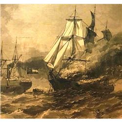 19thc Civil War Engraving, Burning American Merchant Vessel by Confederates Steamer Nashville
