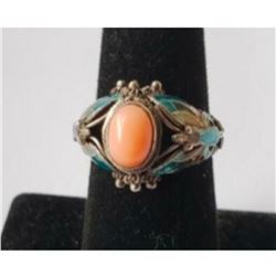 Antique Chinese Export Sterling Cannitille Filigree Enamel Butterfly Coral Ring