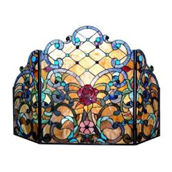 Victorian Tiffany-style Stained Glass Roses Folding Fireplace Screen