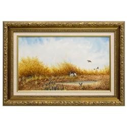 Signed Quail & Pointer Hunting Theme Watercolor Painting