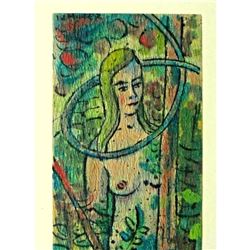 Mid Century Modern Mixed Media Painting, Nude, Garden of Eden