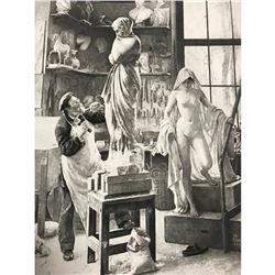 1890's Photogravure Print, Edouard Danton, Artist Studio, Sculptor With Model