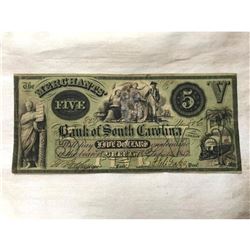 1850's Obsolete Merchant's Bank Of South Carolina $5 Note