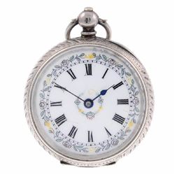 19thc Swiss Silver Enamel Porcelain Floral Ladies Pocket Watch