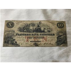 Rare Obsolete Confederate $10 Bank Note, Planters Bank of Fairfield, South Carolina