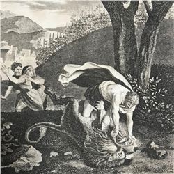 18th Century Engraving, Sampson Slaying The Lion